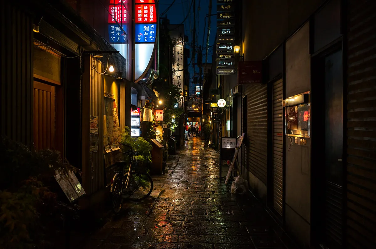 Lantern-lit stone alley of Hozenji Yokocho at night with moss-covered temple in Osaka, Japan