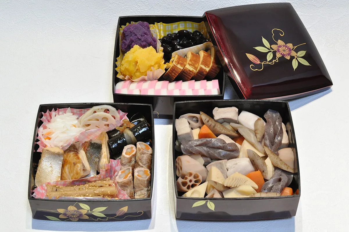 Osechi ryori New Year dishes arranged in a lacquered jubako box, Japan — 1