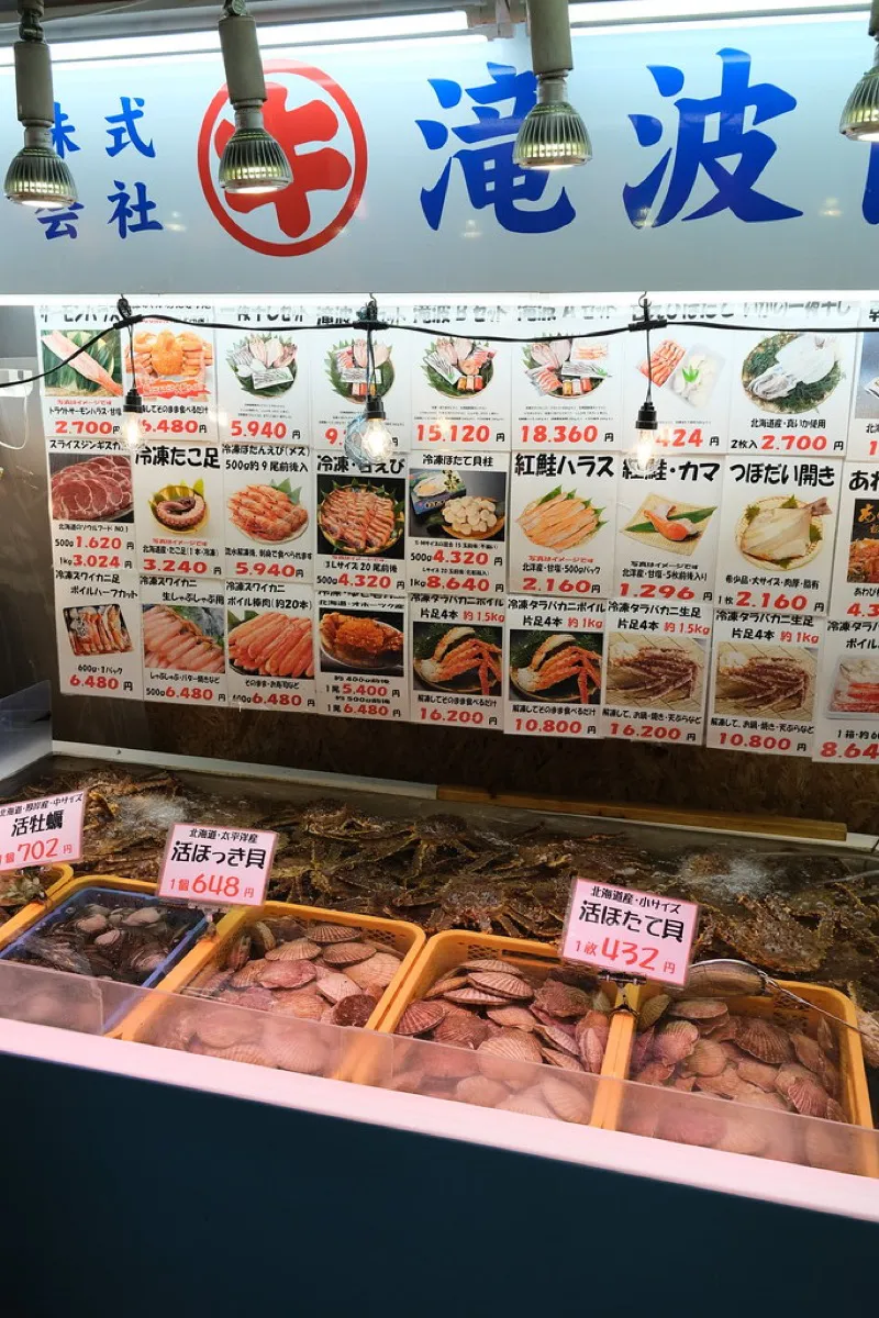 Fresh seafood and kaisendon at Otaru Sankaku Market in Hokkaido