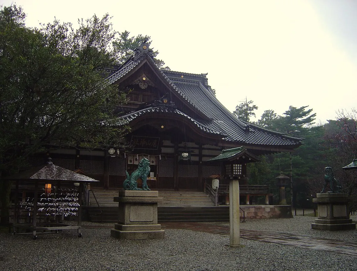 The unique stained glass windows crowning the Shinmon gate at Oyama Jinja in Kanazawa, once used as a lighthouse beacon for ships