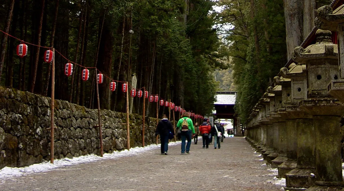 Rinnoji Temple complex in Nikko, one of Japan's UNESCO World Heritage Shrines and Temples of Nikko surrounded by towering cedar trees