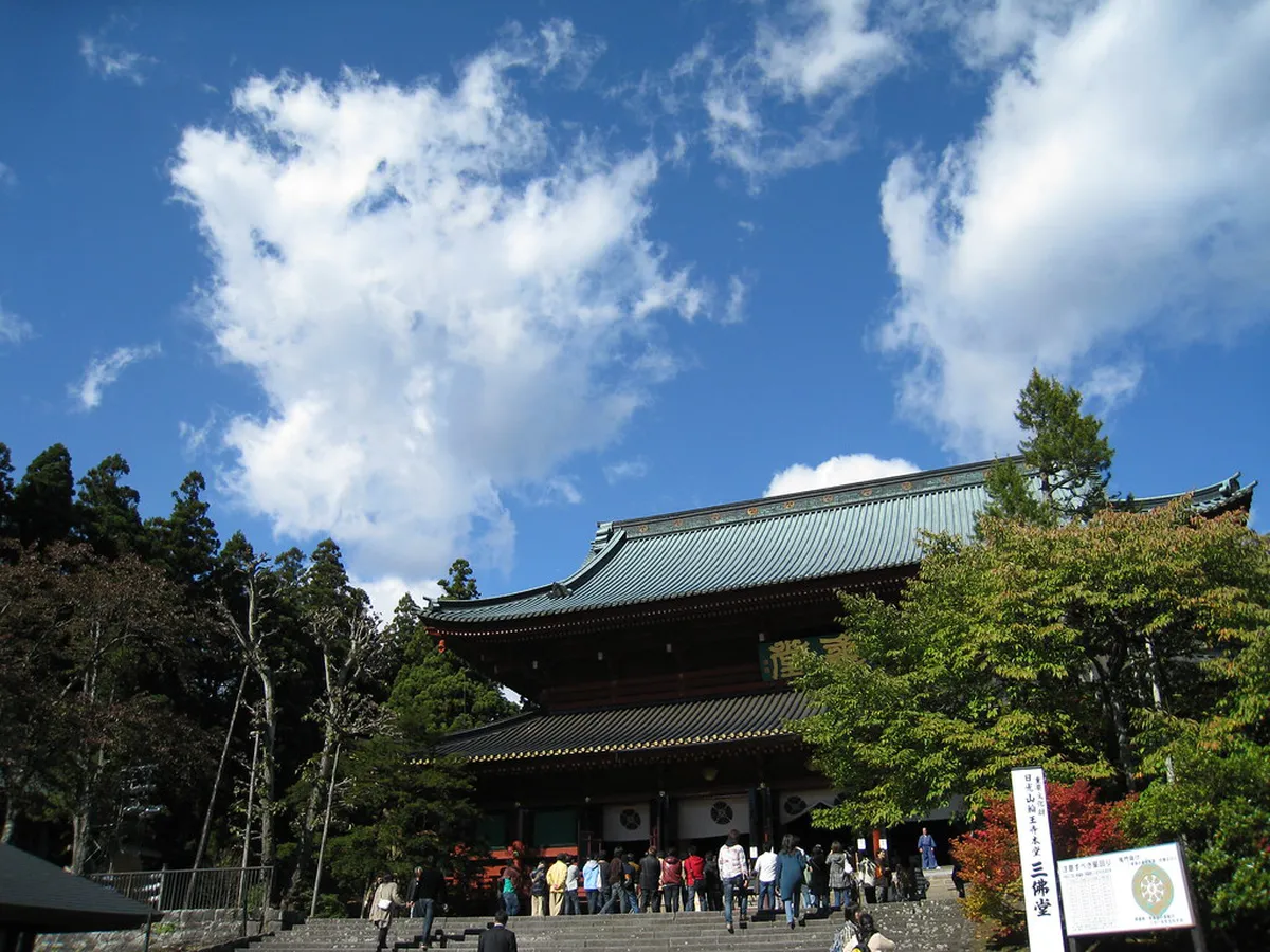 Rinnoji Temple Sanbutsudo Hall in Nikko, the massive main hall housing three giant gilded Buddha statues