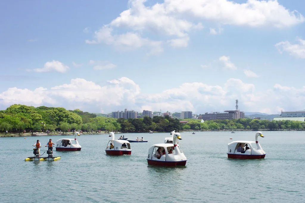 Ohori Park central pond with pedalo boats and calm reflections in Fukuoka