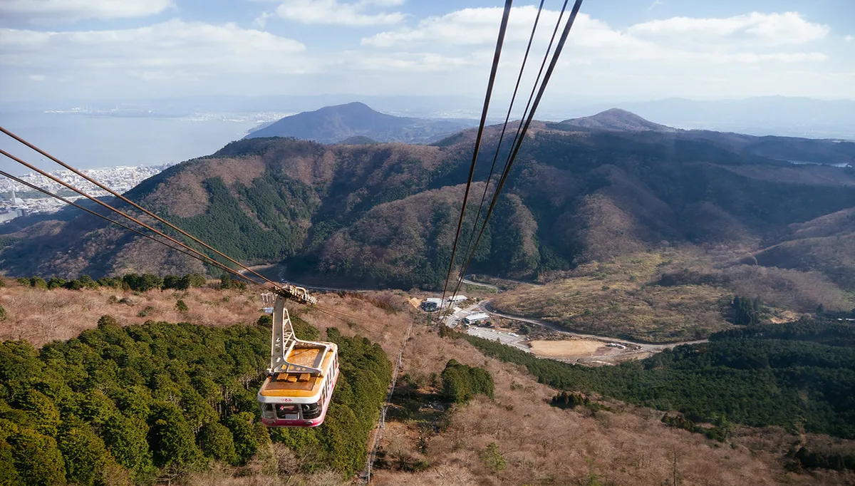 Beppu Ropeway gondola ascending Mt. Tsurumi with panoramic bay views of Beppu