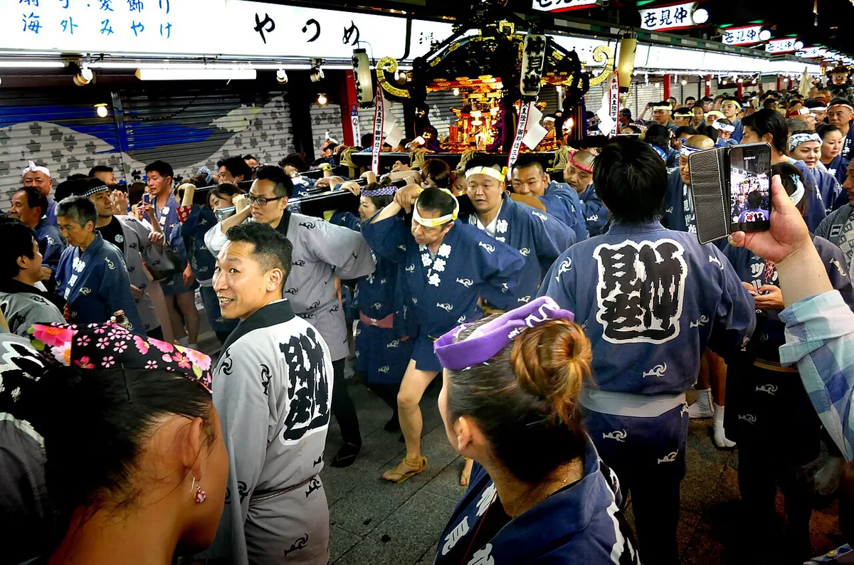 Mikoshi procession during Sanja Matsuri in Asakusa, Tokyo, Japan — 1