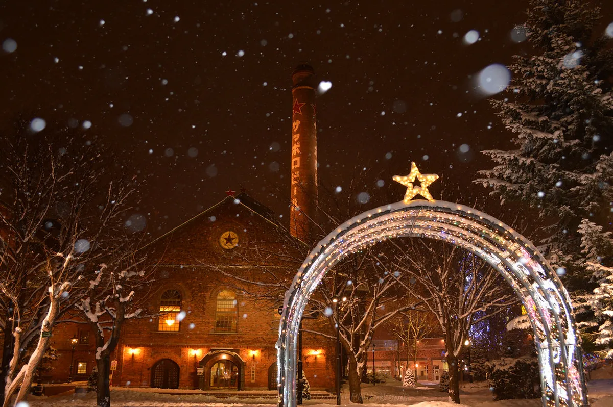 Sapporo Beer Garden dining hall where visitors enjoy Genghis Khan lamb BBQ inside the historic Hokkaido brewery complex