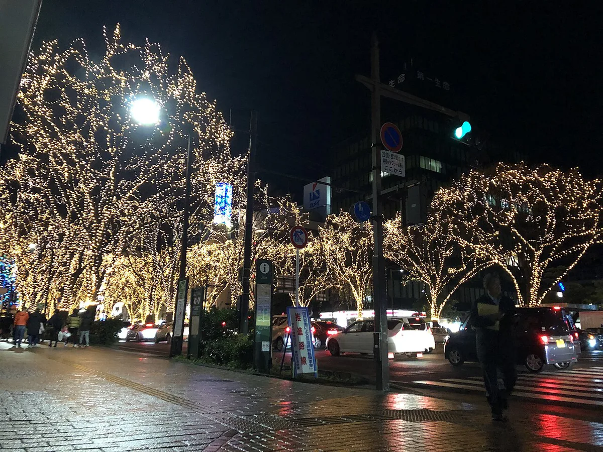 Paper streamers and illuminated trees marking Sendai's seasonal festivals, Japan — 2