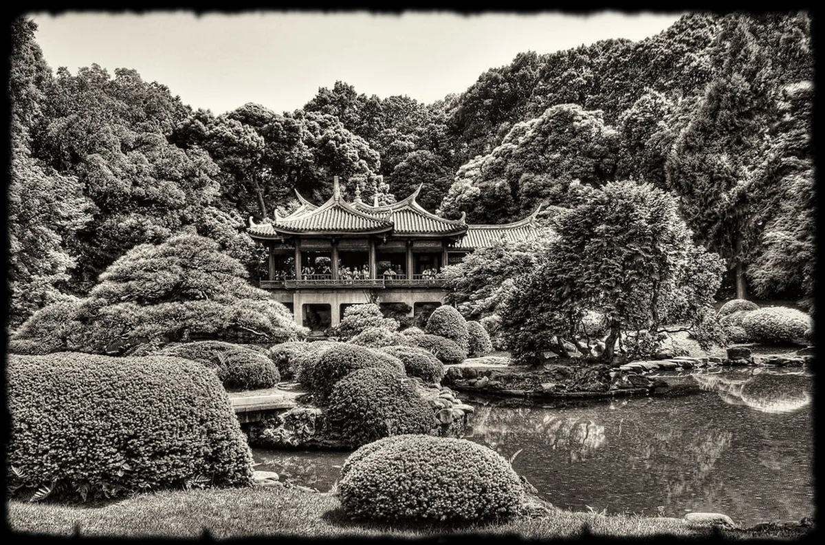 Shinjuku Gyoen National Garden Japanese strolling landscape with pond and stone bridges in Tokyo, Japan
