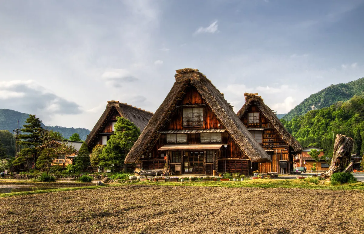 Traditional gassho-zukuri farmhouses in Shirakawa-go with distinctive steep thatched roofs