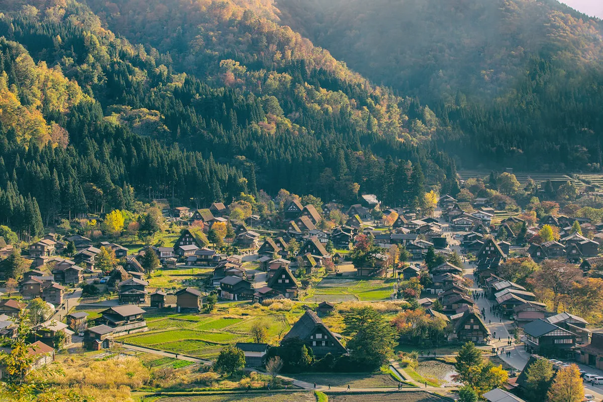 Gassho-zukuri farmhouses with steep thatched roofs in Shirakawa-go Ogimachi village
