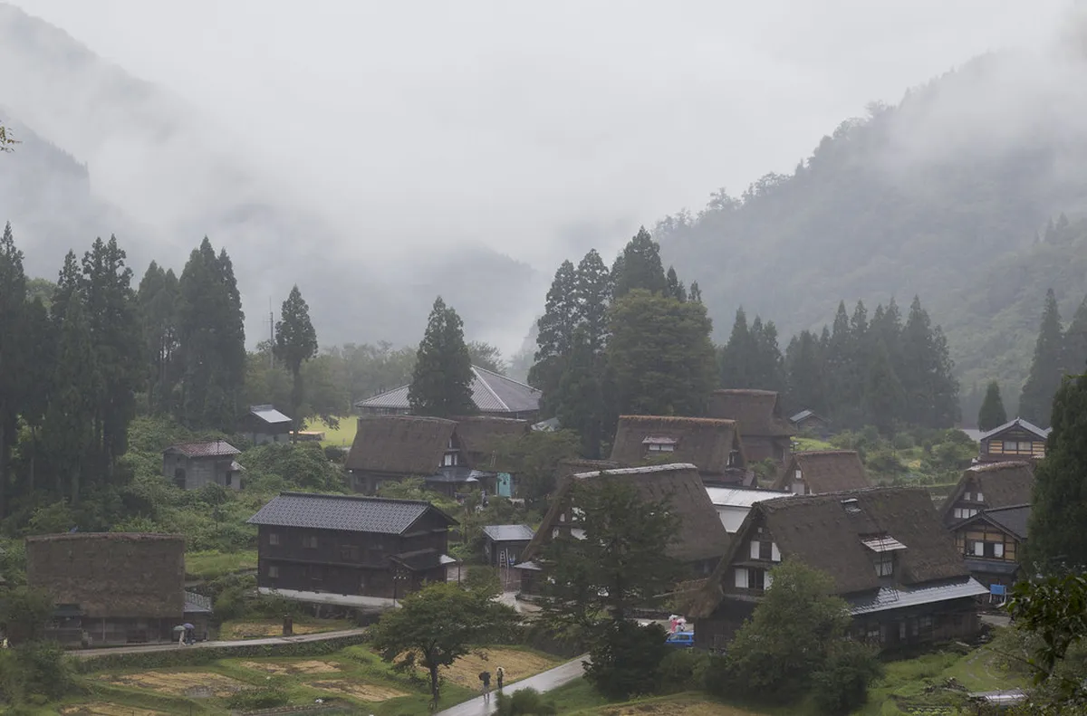 Gokayama village UNESCO World Heritage site with traditional gassho farmhouses surrounded by lush greenery