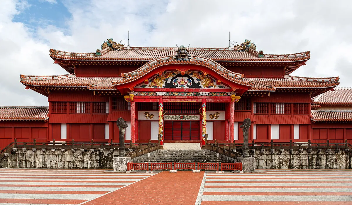 Ryukyu Dynasty parade performers in historic court dress at Shuri Castle Park, Japan — 2