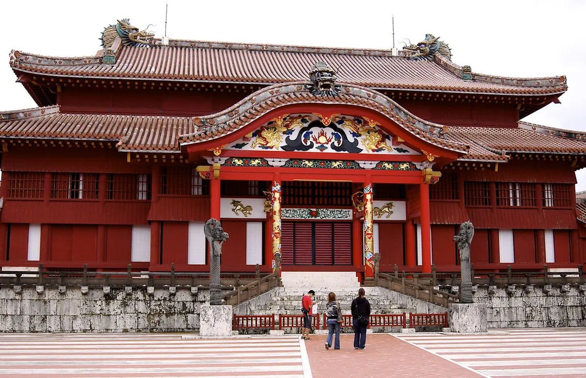 Shuri Castle grounds showing the Seiden main hall area during the restoration project in Naha, Okinawa