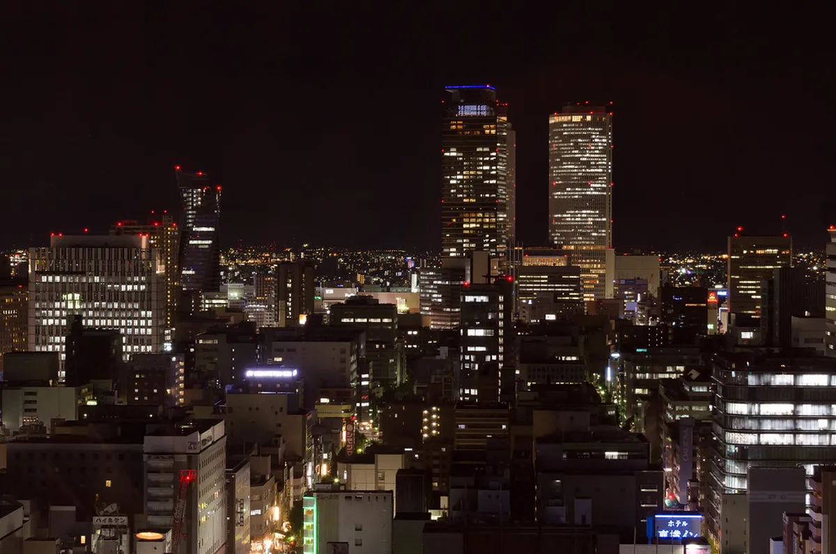 Nagoya city skyline illuminated at night viewed from the Sky Promenade at Midland Square, Japan