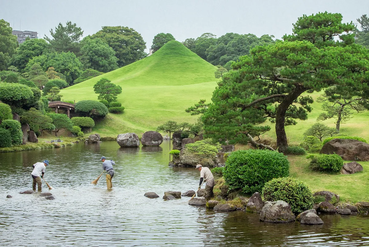 The central spring-fed pond at Suizenji Jojuen Garden reflecting pine trees and blue sky in Kumamoto, Japan