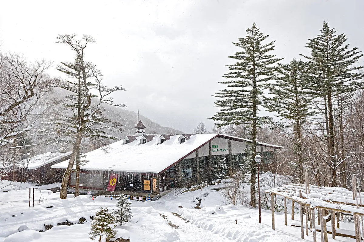 Shinhotaka Ropeway cable car ascending over snow-covered Northern Japanese Alps near Takayama, Japan