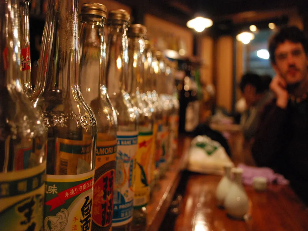 Traditional Japanese izakaya pub interior with warm lighting and local sake in Takayama, Japan