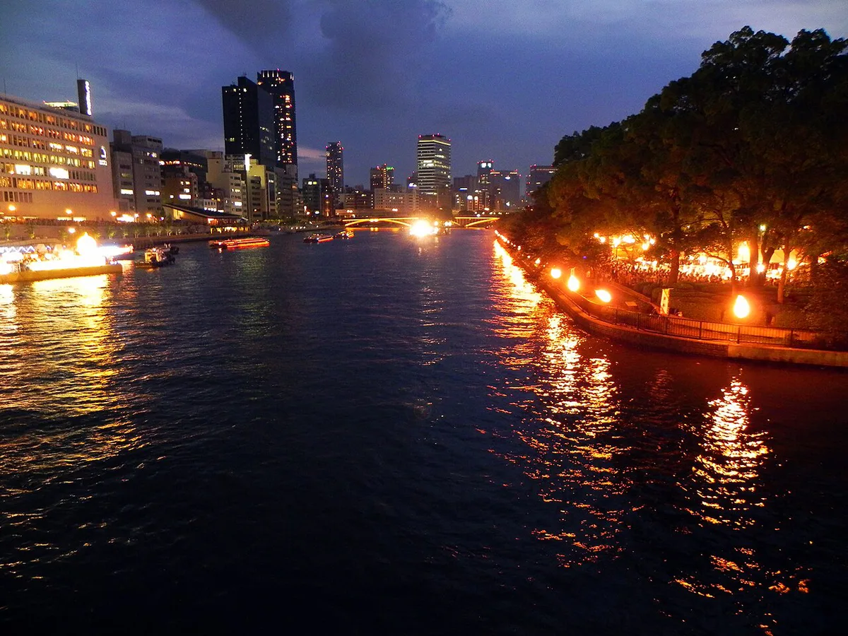 Tenjin Matsuri boat procession on the Okawa River at dusk, Japan — 2