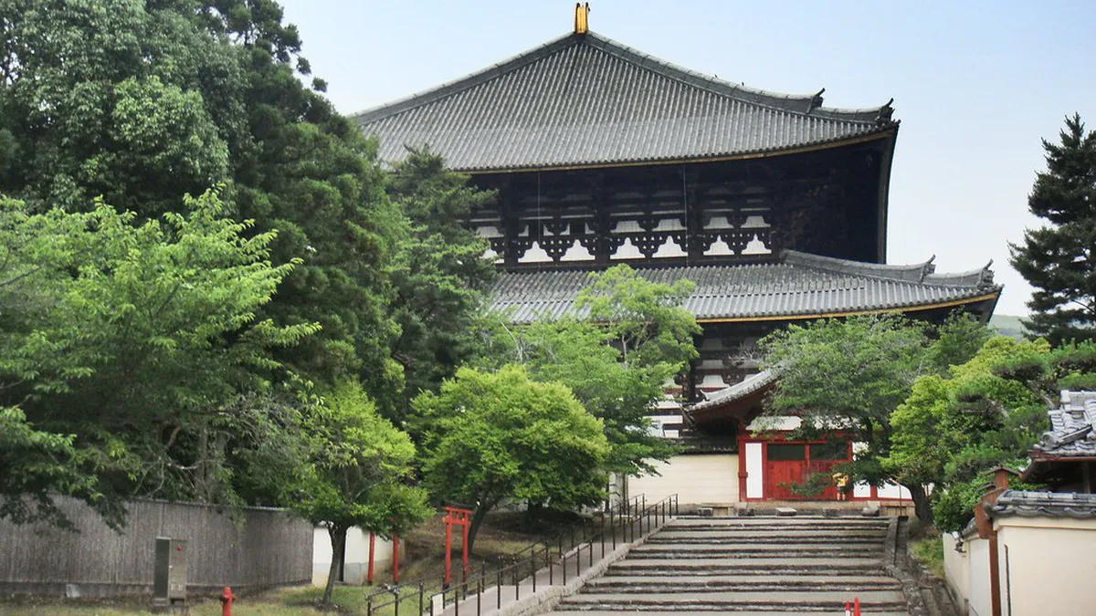 The imposing Nandaimon Gate with towering wooden Nio guardian statues at the entrance to Todai-ji Temple in Nara, Japan