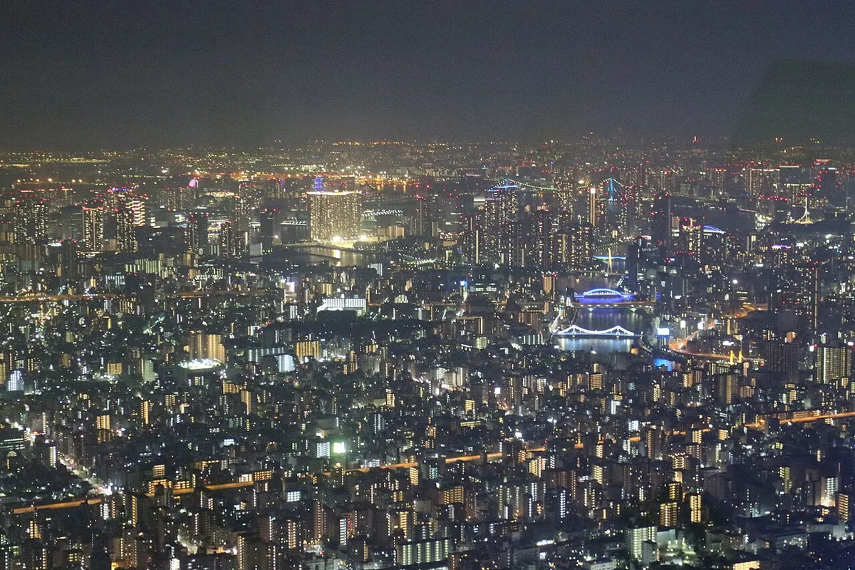 Tokyo skyline lit up with neon and skyscraper lights at night, Japan — 2