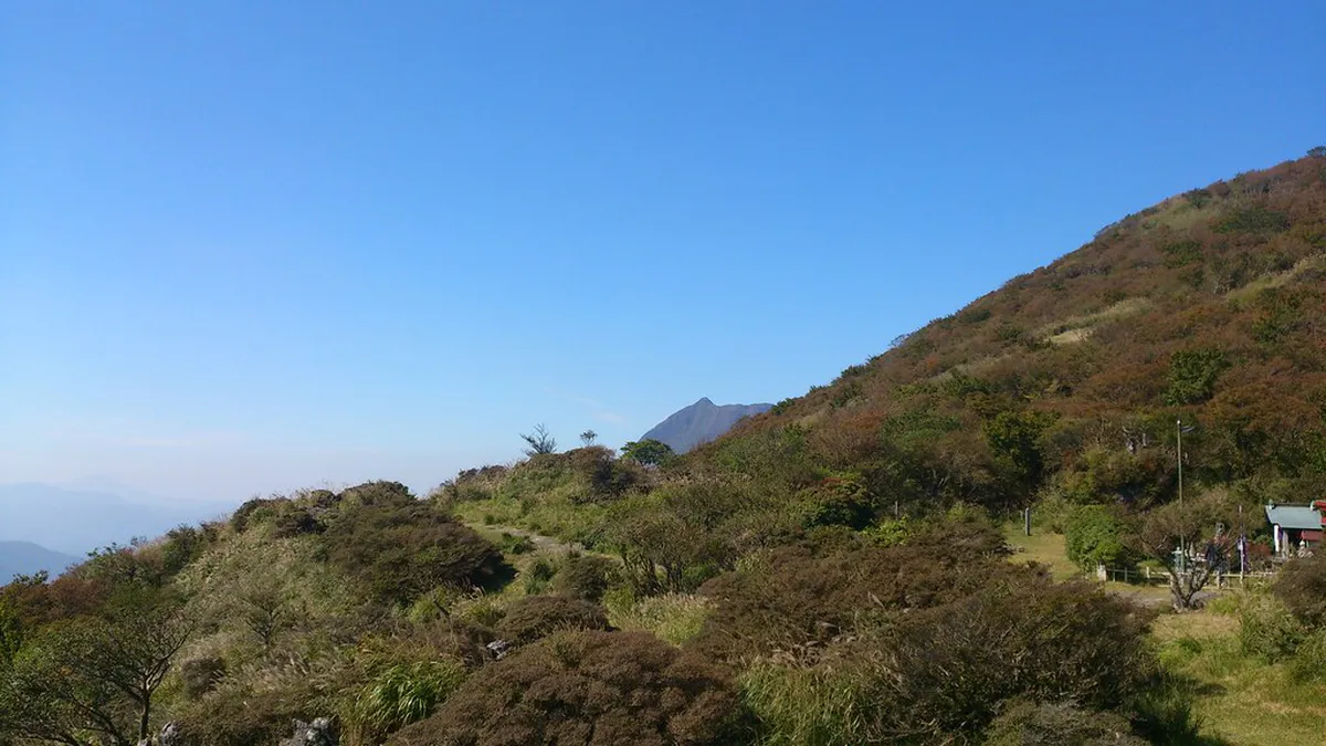 Mount Tsurumi ropeway cable car ascending above the forested hills above Beppu, Japan
