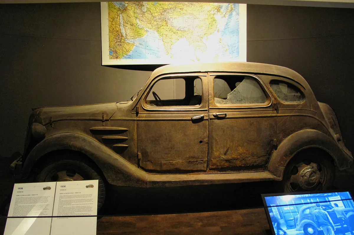 Vintage Toyota automobile on display inside the automobile pavilion of the Nagoya museum, Japan