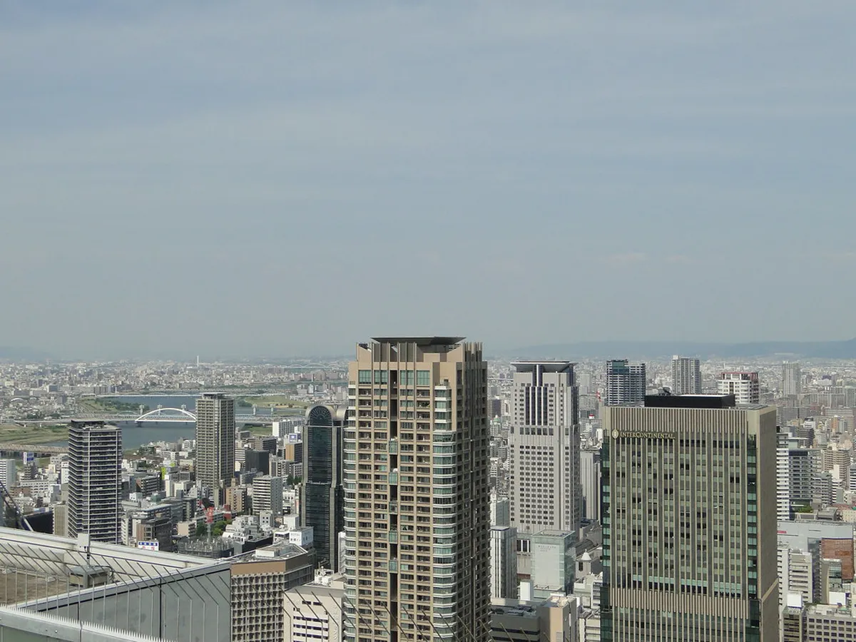 View from the Umeda Sky Building Floating Garden observatory looking out over the Osaka city grid