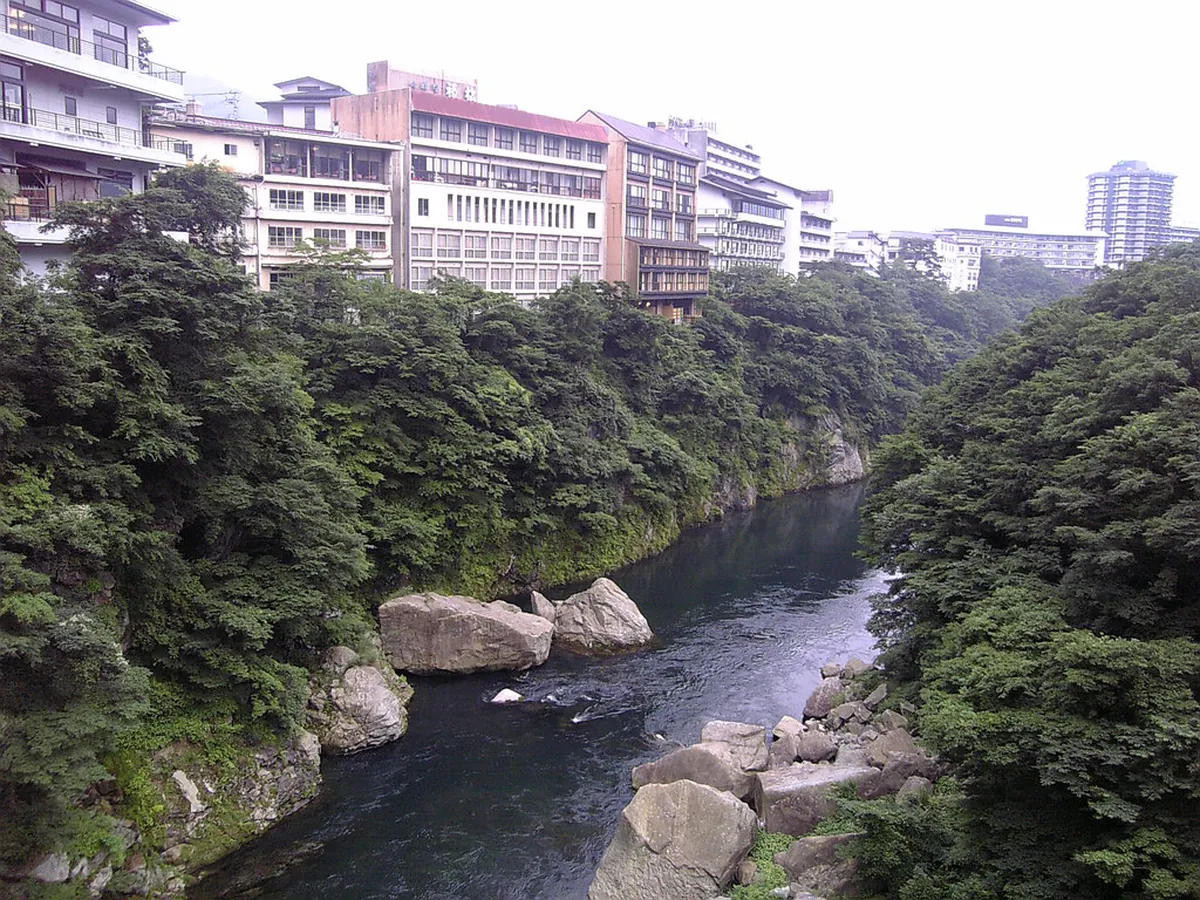 Traditional ryokan overlooking the Kinugawa River gorge in Nikko's onsen resort town, Japan