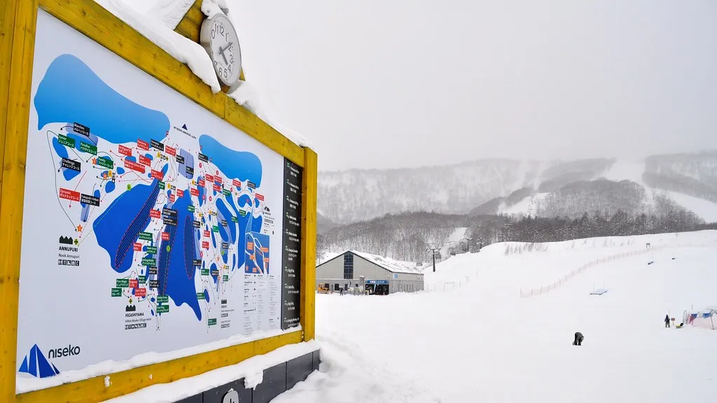 Mount Niseko Annupuri peaks rising above the Niseko Village resort zone in Hokkaido