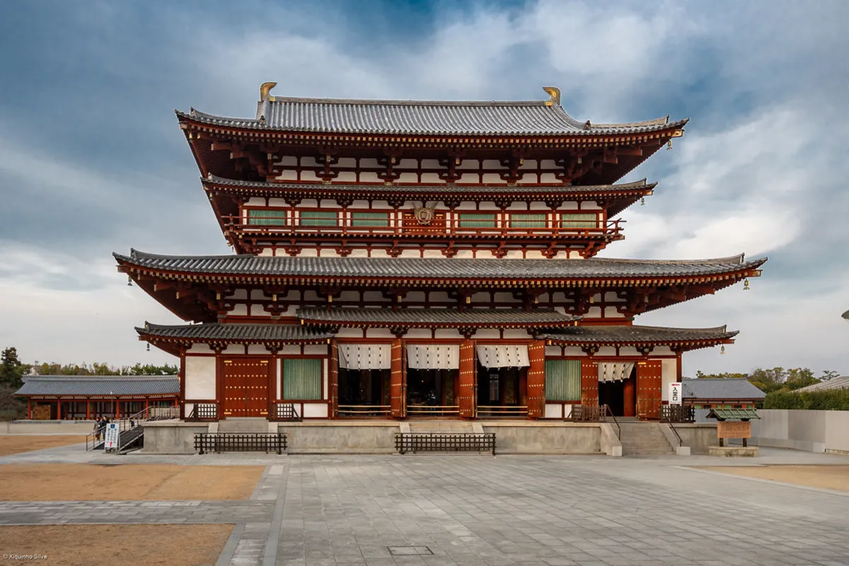 Yakushi-ji Temple pagodas and vermilion halls in the Nishinokyo district of Nara, Japan