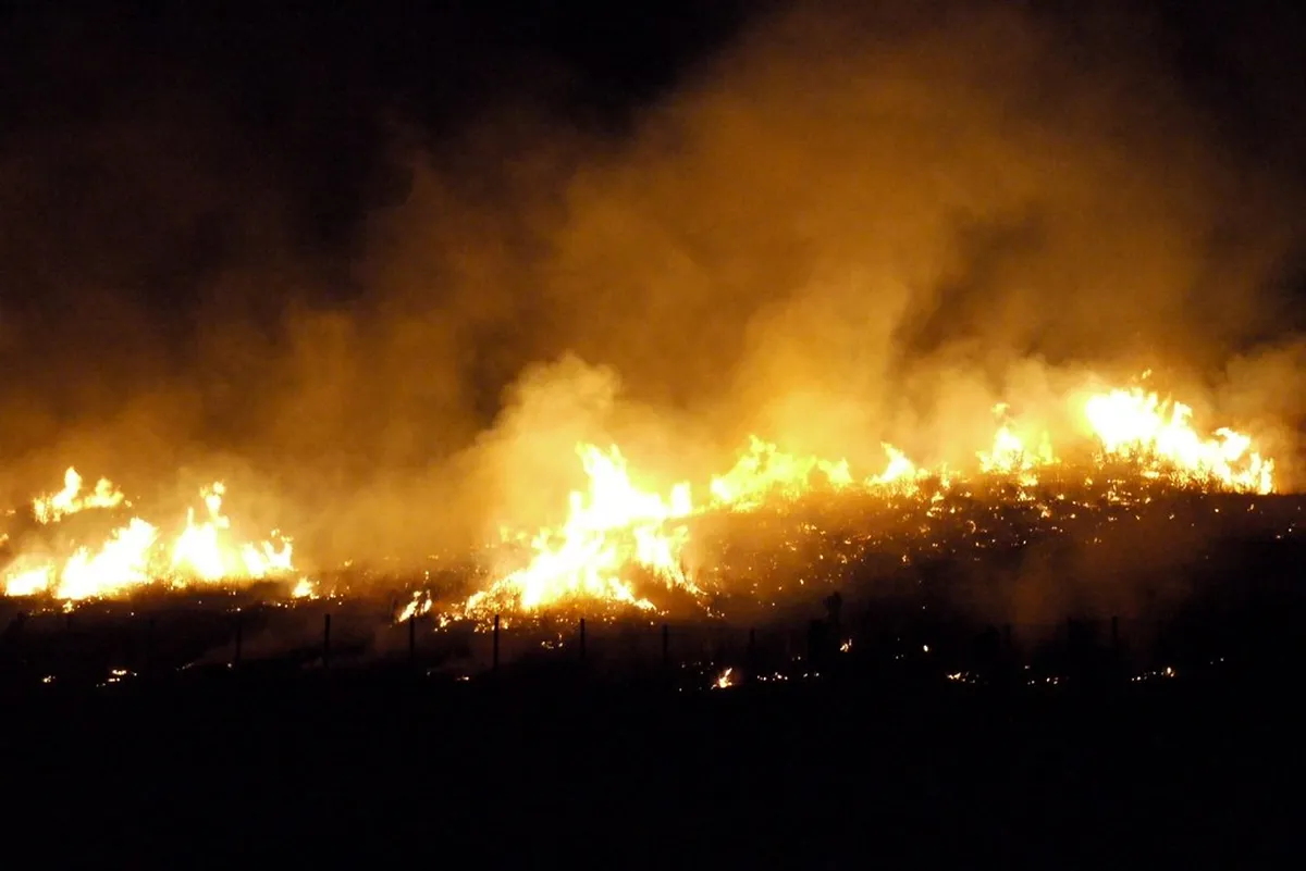 Mount Wakakusa hillside burning with flames and fireworks lighting the night sky over Nara, Japan