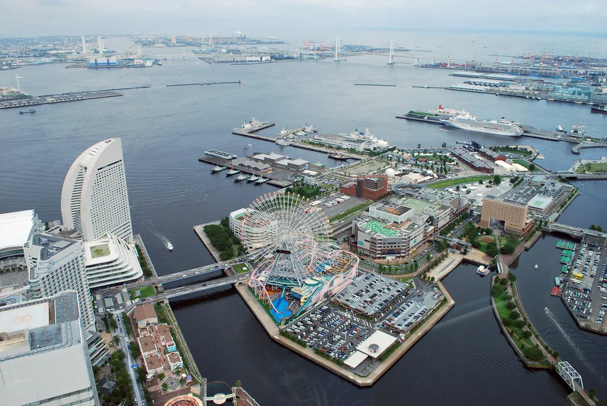 Yokohama waterfront aerial view showing the harbor and urban skyline from an elevated vantage point in Japan