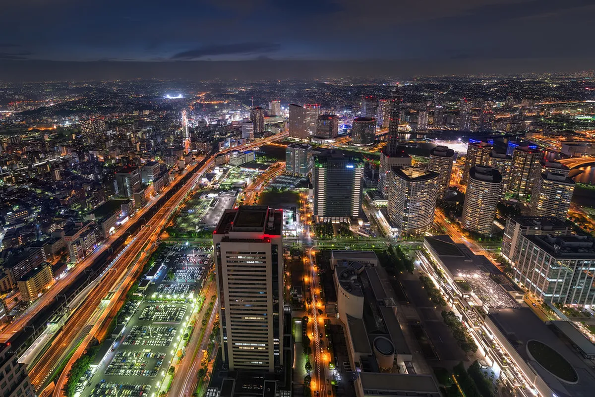 Yokohama skyline panorama from an elevated observation point showing Minato Mirai harbor district and bay views